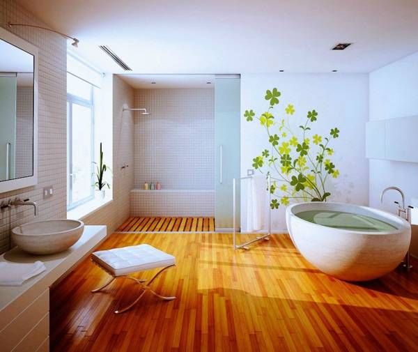 Дизайн ванной комнаты с деревянными полами