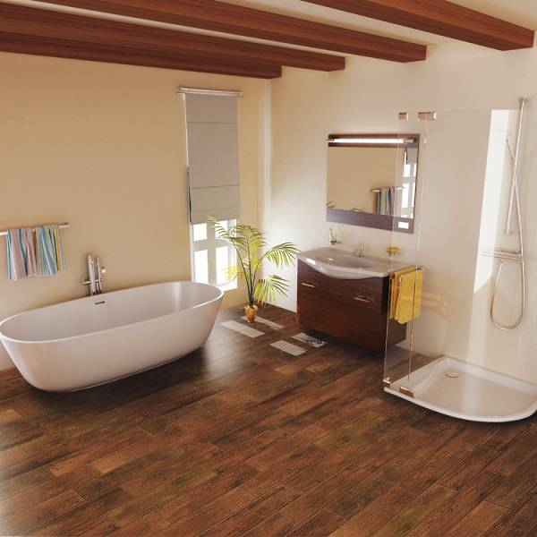 Дизайн ванной комнаты с плиткой в виде дерева