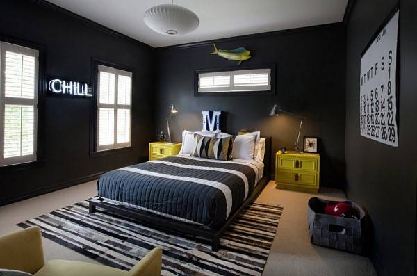 Modern tarzda bir yatak odası için siyah duvar kağıdı