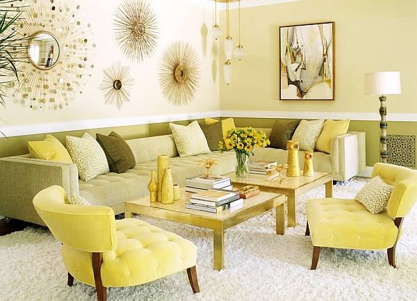 Стиль ретро в гостиной в желтом и зеленом цвете