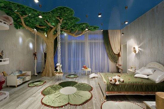 Дизайн большой детской комнаты с деревом