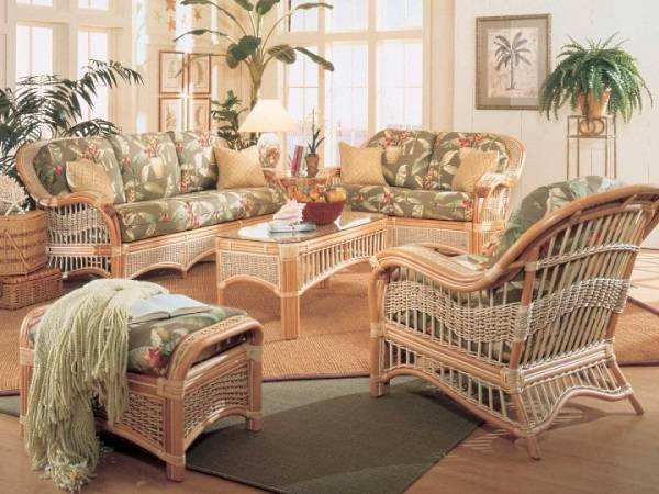Дизайн гостиной с плетеной мебелью 