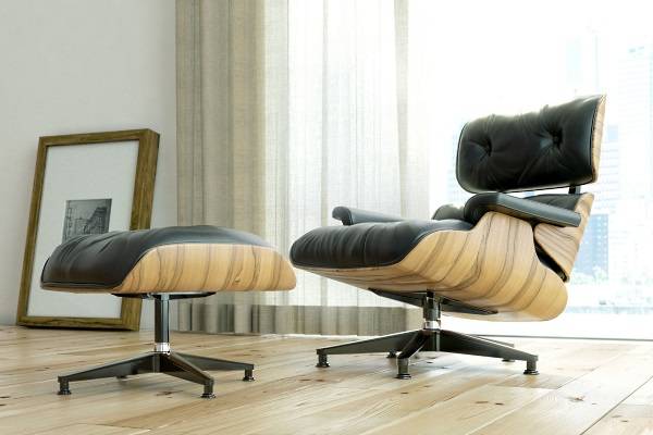 Черное кресло Eames lounge с подставкой под ноги