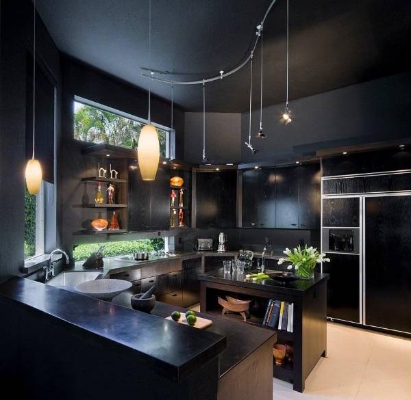 Черные стены и потолок на кухне
