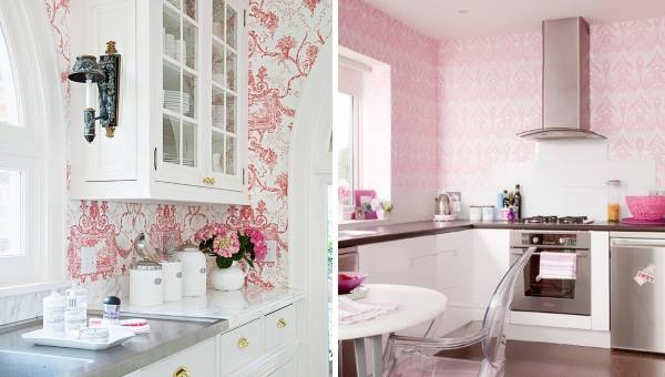 Розовые кухни с обоями на стенах