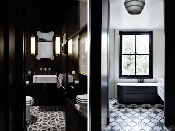 Стильный дизайн ванной и туалета в черном цвете