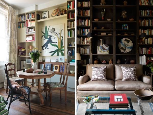 Полки с книгами и декором в дизайне гостиной