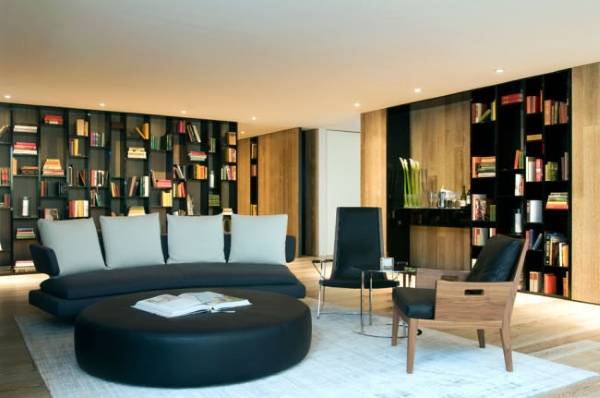 Красивый книжный шкаф в современной гостиной