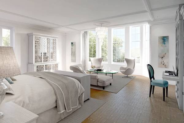 Бело серая спальня с красивой мебелью