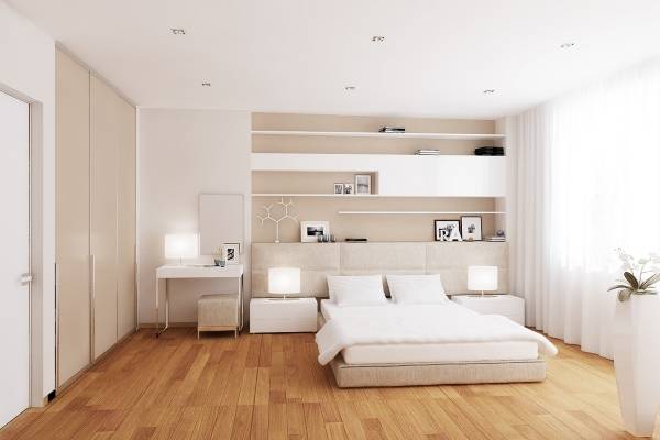 Современный дизайн белой спальни с теплым полом