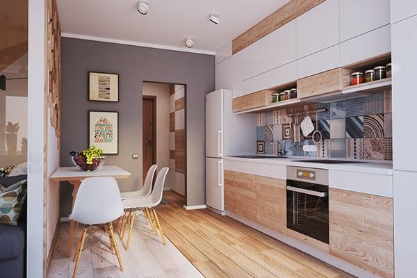 Удобная кухня в дизайне квартиры студии 40 кв м