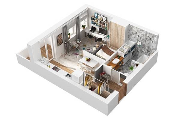 План 3D проект однокомнатной квартиры 40 кв м