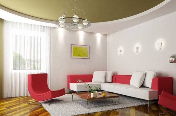 Зеленый натяжной потолок в дизайне гостиной в современном стиле