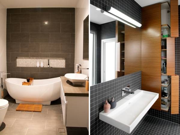 Дизайн ванной комнаты в темных тонах с белой сантехникой фото 2016