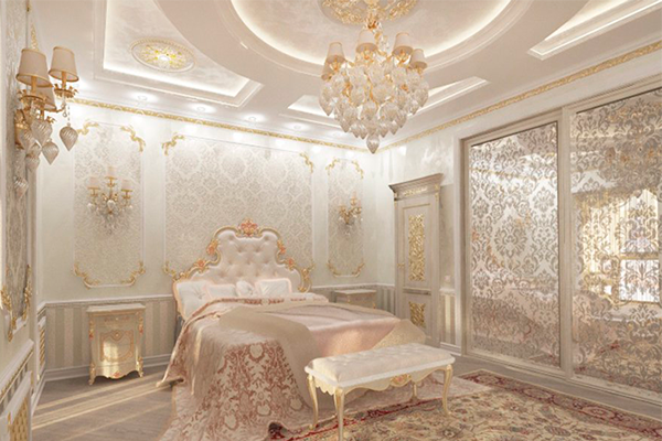 Интерьер спальни с лепным декором в стиле luxury
