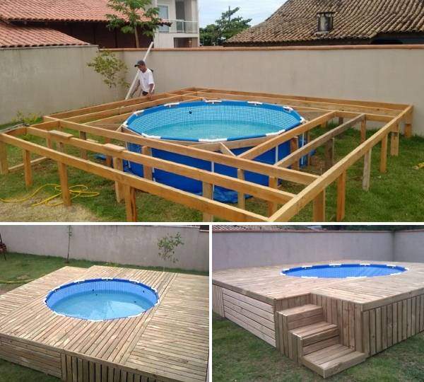 Небольшой каркасный бассейн с деревянным подиумом