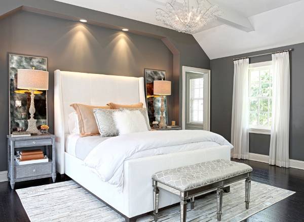 Фото спальни в современном стиле с серой краской на стенах