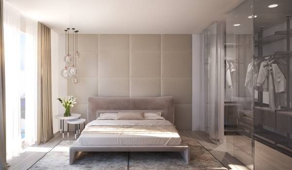 Современный дизайн спальни с гардеробной - фото