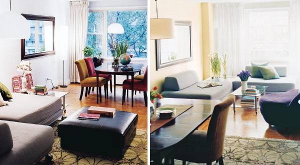 Планировка зала до и после перестановки мебели на фото