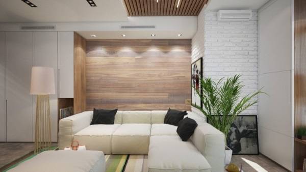 Отделка стен деревянными панелями - фото гостиной в современном стиле