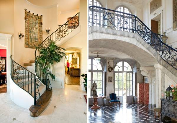 Кованые перила для лестницы в частном доме в дизайне прихожей холла