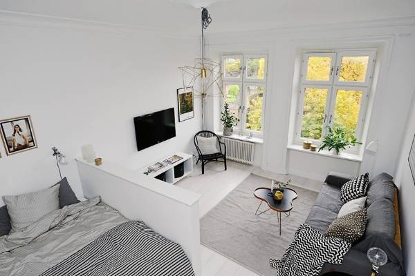 Однокомнатная квартира в скандинавском стиле - гостиная и спальня