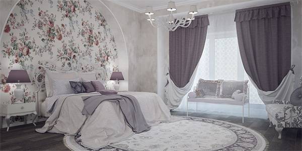 Современные лиловые шторы в спальню - фото в интерьере