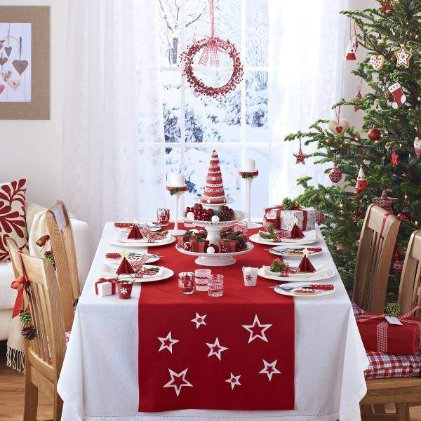 Декор новогоднего стола своими руками в красно-белых цветах
