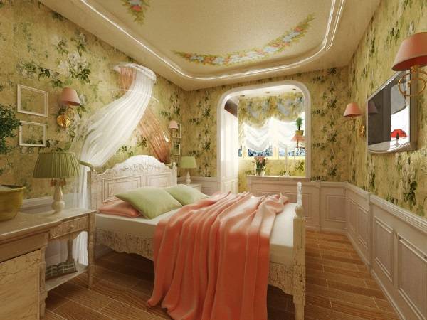 Сочетание цветов в интерьере спальни прованс - шторы и обои
