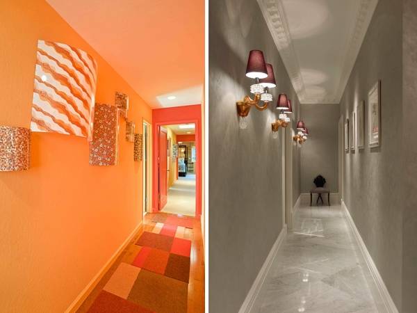Настенные светильники в дизайне узкого коридора в квартире