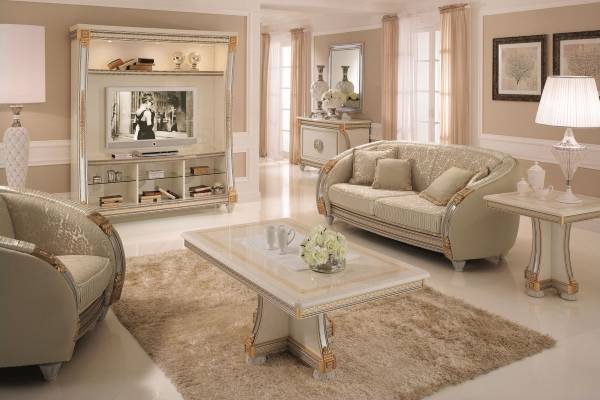 Классический дизайн гостиной с белой мебелью - фото