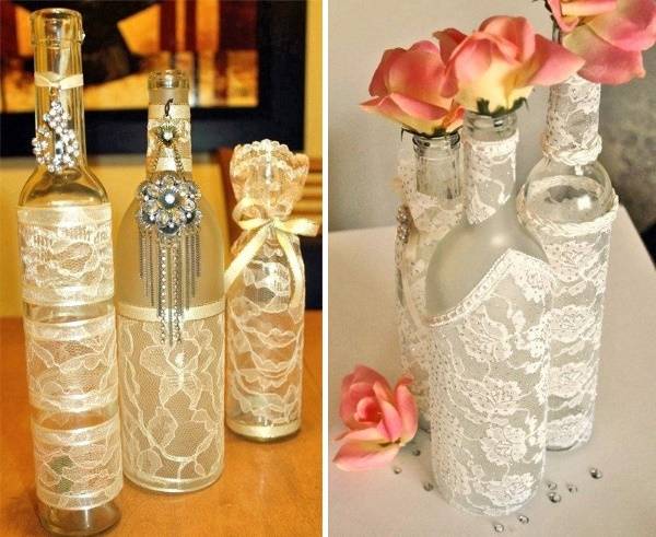 Как сделать красивую вазу из бутылки и кружева