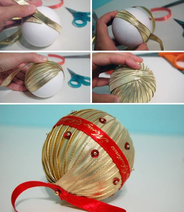 Как сделать новогодний шар из атласных лент