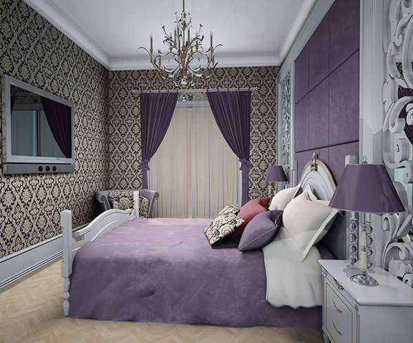 Спальня в фиолетовых тонах - фото с узорчатыми обоями