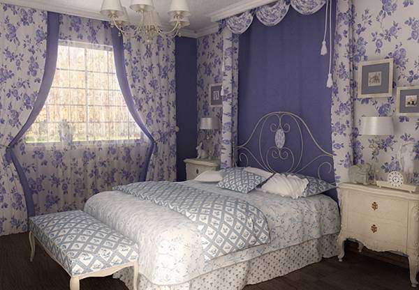 Сочетание белого и фиолетового цвета в интерьере спальни