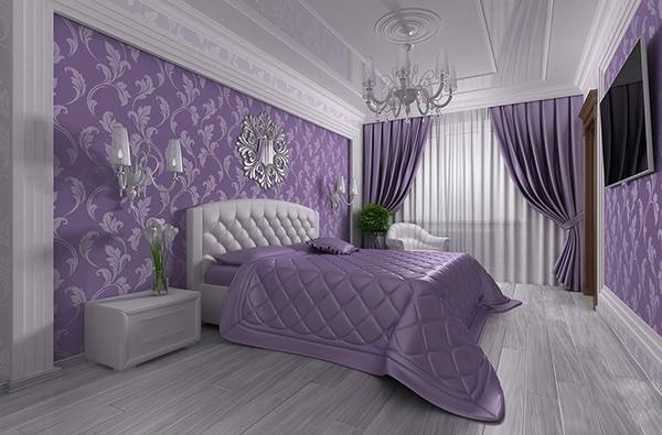 Фиолетовые обои в спальне в стиле luxury