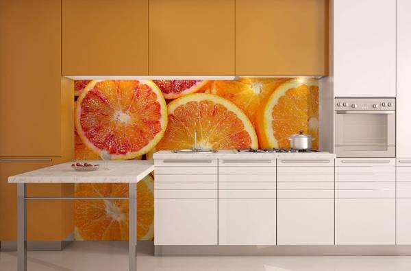 Фотообои в интерьере кухни - дизайн с фруктами