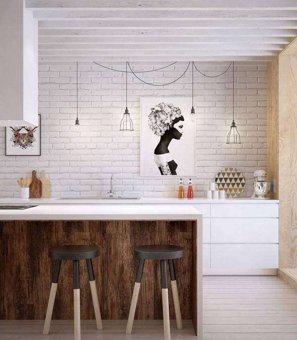 Белая кирпичная стена на кухне в стиле лофт