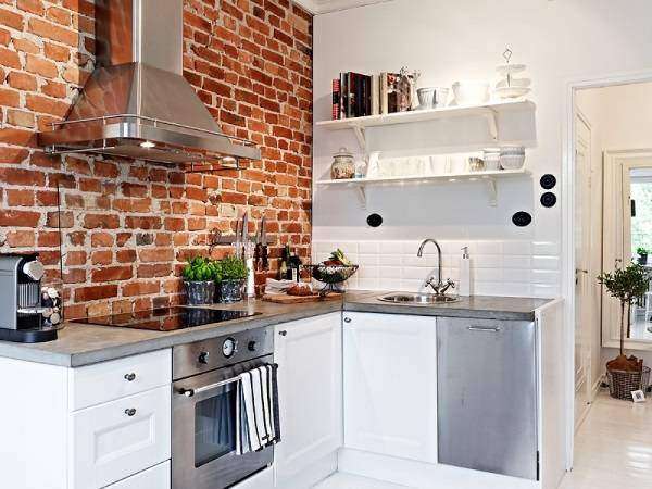 Дизайн кухни в стиле лофт - фото с красной кирпичной стеной