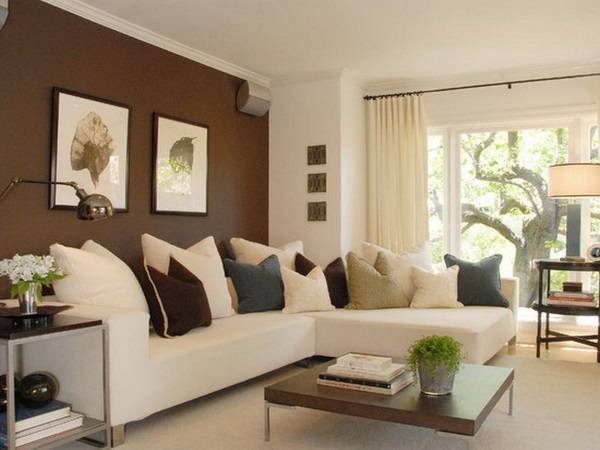 Темно-коричневые стены в дизайне гостиной с белым диваном