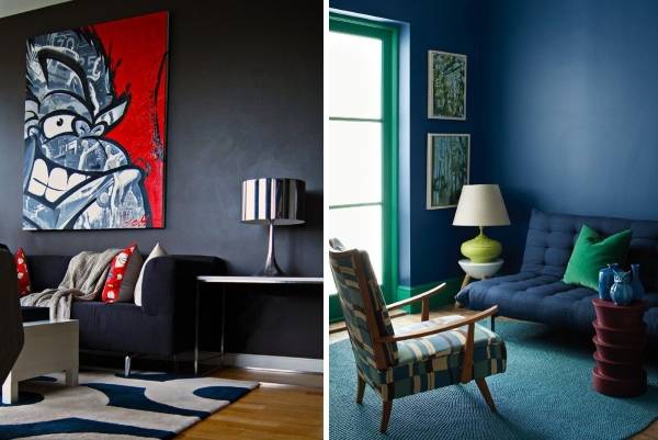 Темно-синие стены в дизайне гостиной