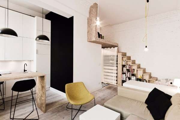 Современный дизайн квартиры студии в черном, белом и коричневом тонах
