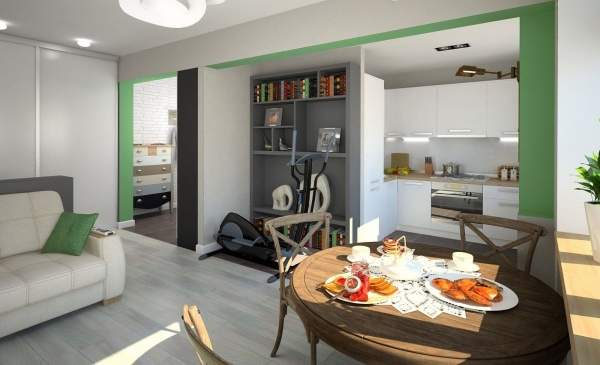 Современный дизайн зала в квартире в белом и зеленом цвете