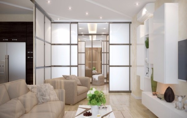 Раздвижные двери между кухней и гостиной - фото в дизайне квартиры