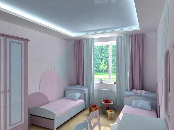 Интерьер детской с двумя кроватками в дизайне двухкомнатной квартиры
