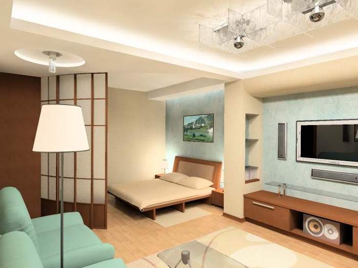 Дизайн 1 комнатной квартиры хрущевки - фото зала со спальным местом