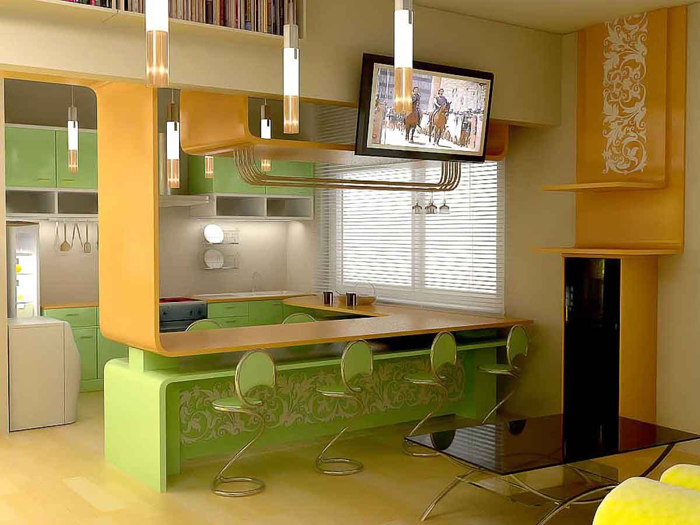Дизайн кухни студии с барной стойкой