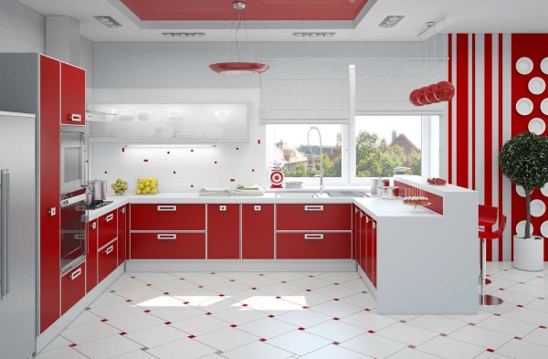Дизайн красно белой кухни фото 12