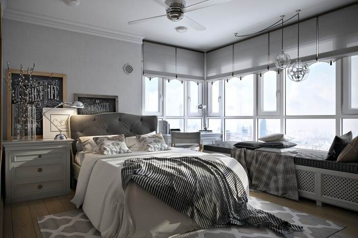 дизайн интерьера спальни с угловым окном фото