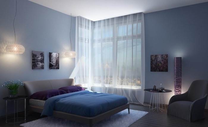дизайн интерьера спальни с угловым окном фото